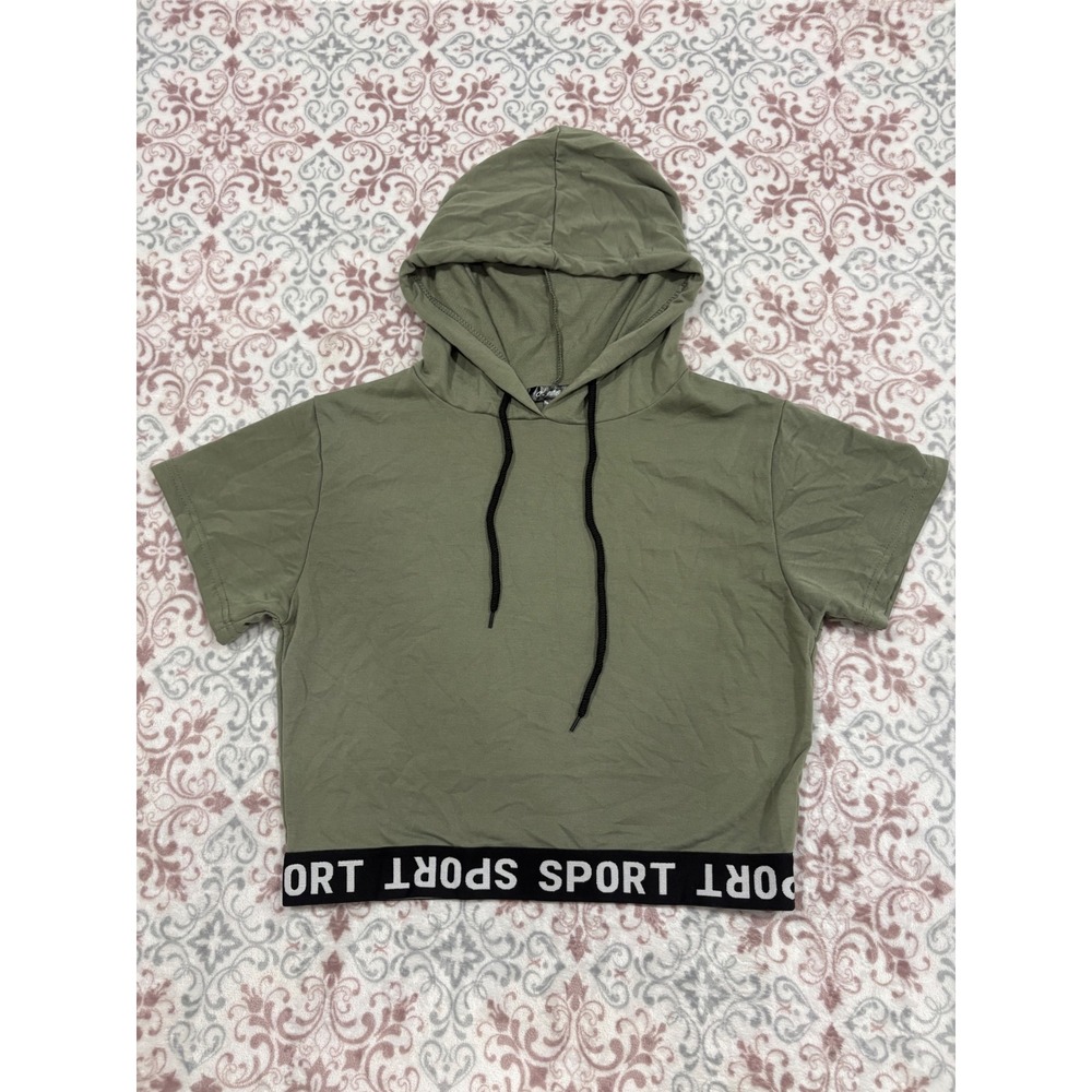 C-Mode Olive Green Short Sleeve Cropped Hoodie Sport Elastic Waist TS1006 Large
